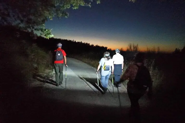 Grupo practicando marcha nórdica en la Reserva da Biosfera Terras do Miño. Nordic Walking Lugo en la noche Nordic Walking Lugo en la noche